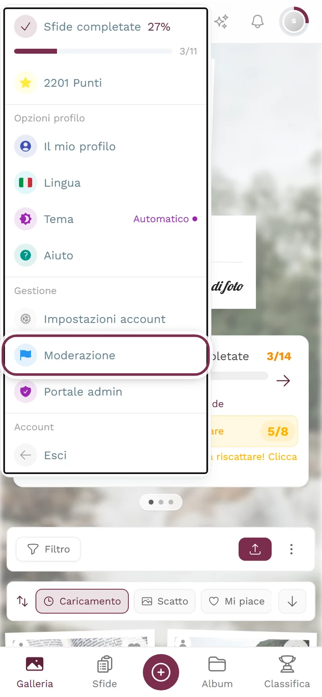 Menu del profilo aperto in alto a destra, con evidenziata la voce Moderazione