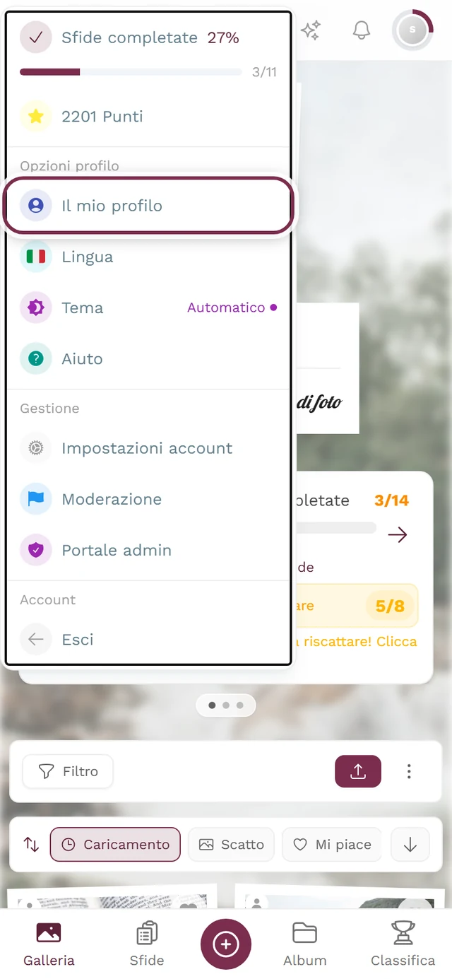 Menu del profilo aperto in alto a destra, con la voce Il mio profilo evidenziata