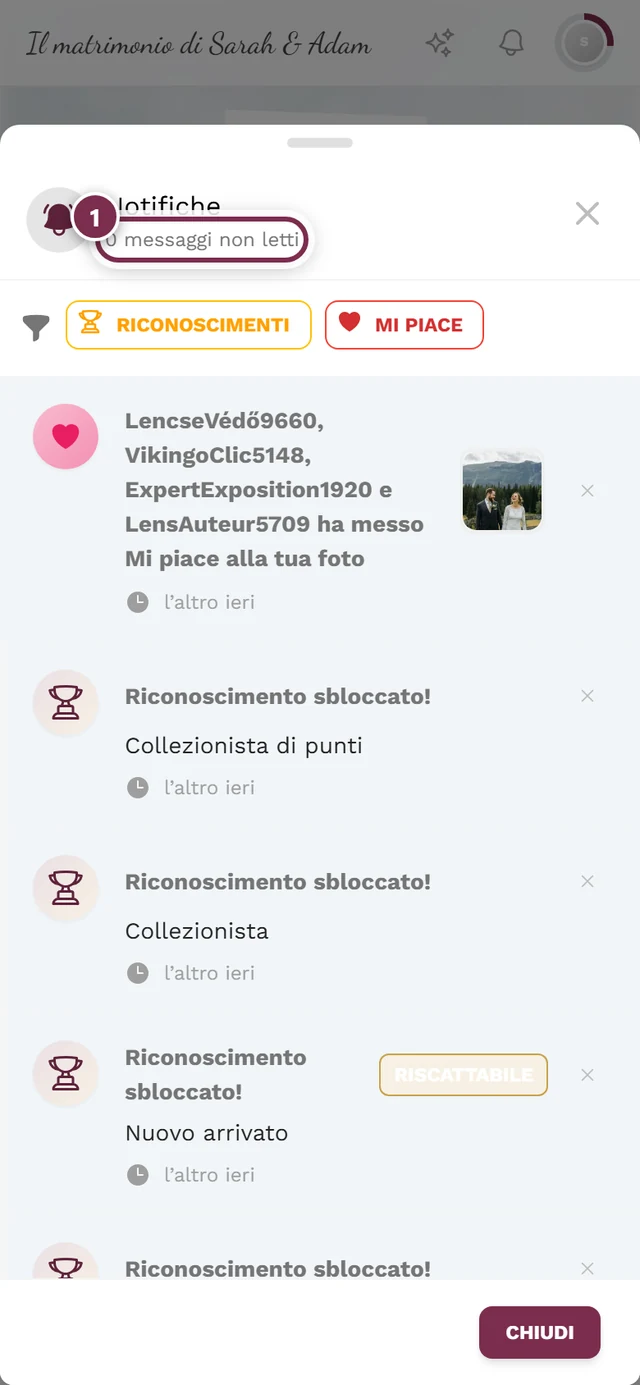 Finestra delle notifiche aperta, la riga con i messaggi non letti è evidenziata