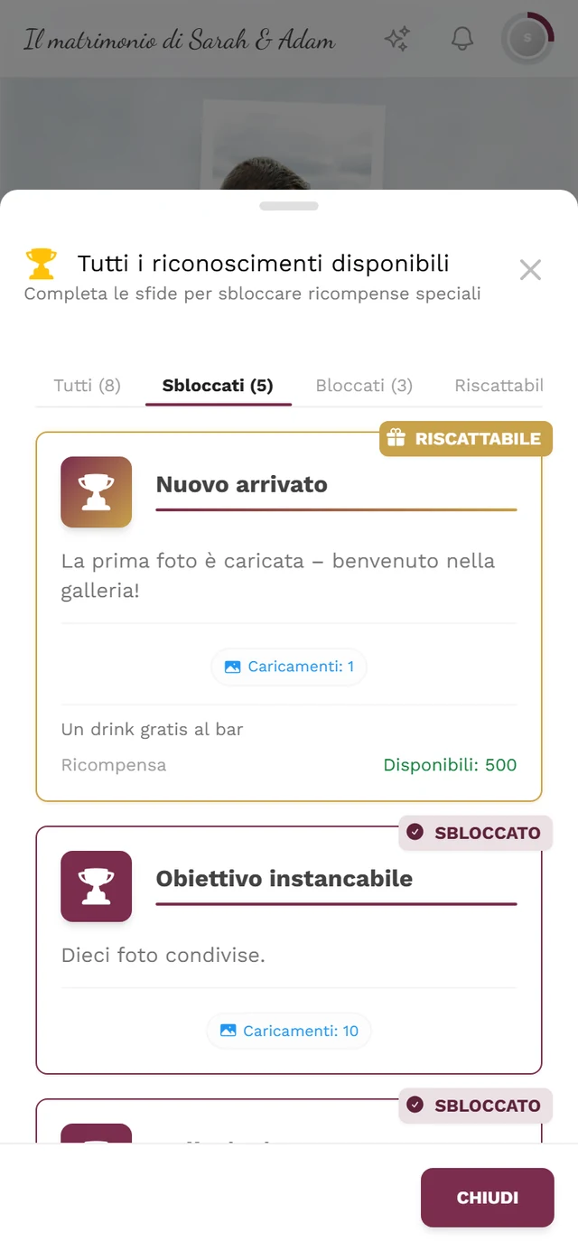 Finestra Tutti i riconoscimenti disponibili con le schede Tutti, Sbloccati e Bloccati