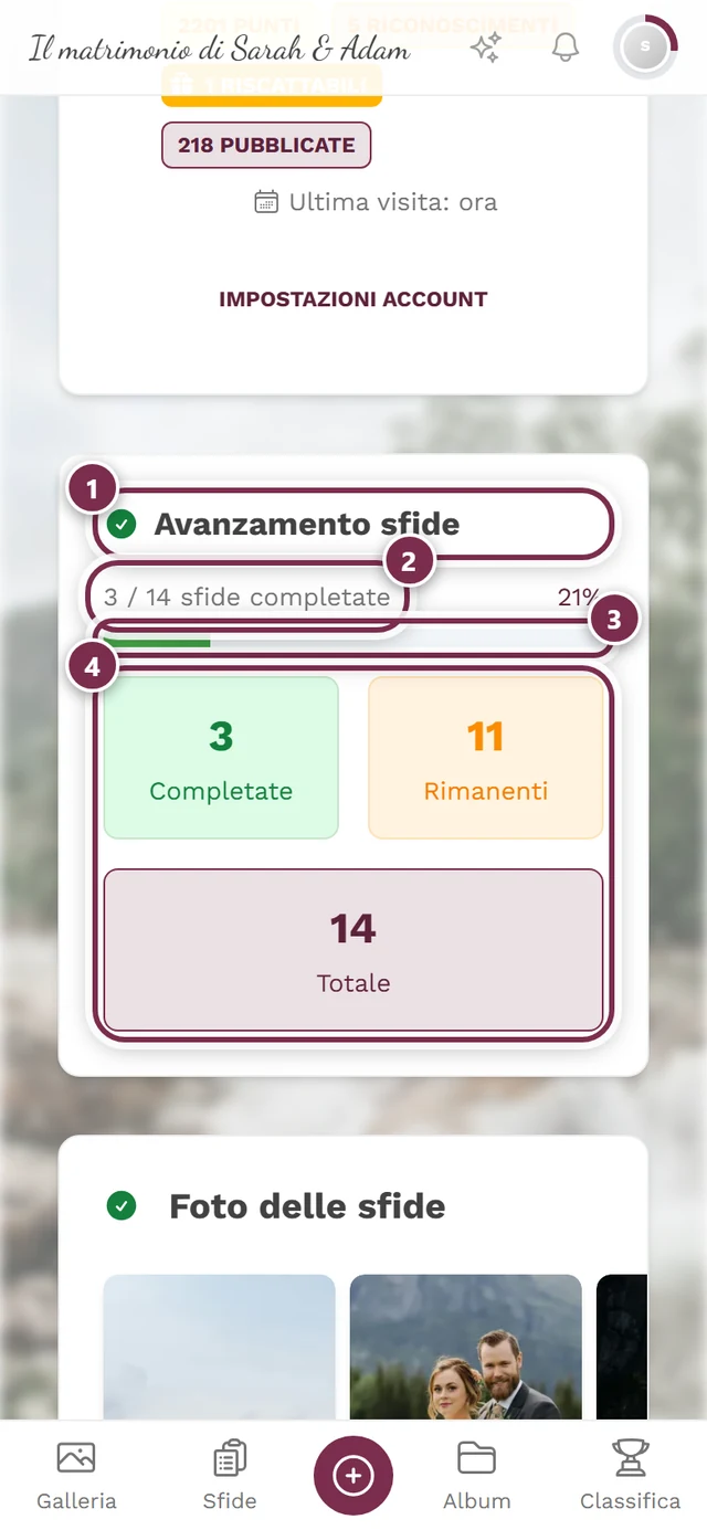 Avanzamento sfide nella pagina del profilo con quattro evidenziazioni: titolo, riga dei numeri, barra, riquadri toccabili