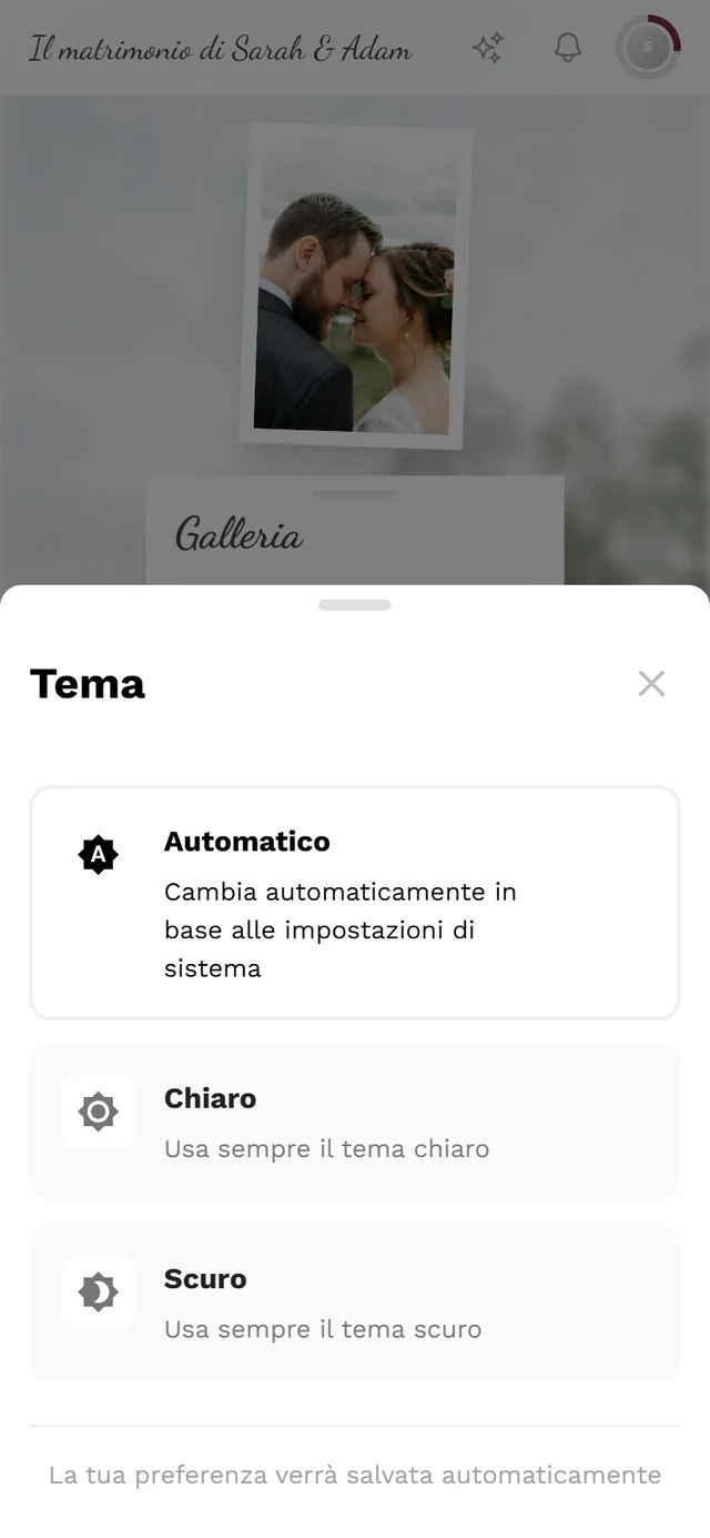 Finestra Tema con le tre possibilità Automatico, Chiaro e Scuro