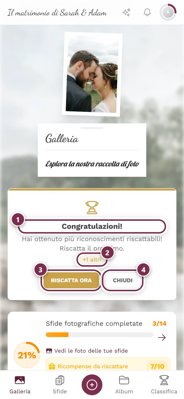 Banner delle ricompense sopra la galleria con quattro evidenziazioni