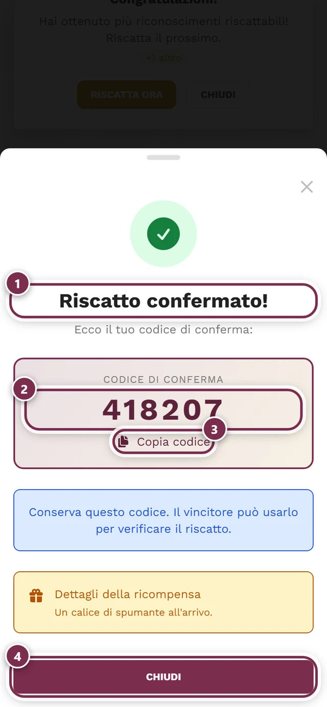 Finestra di successo con codice di conferma di sei cifre e quattro evidenziazioni
