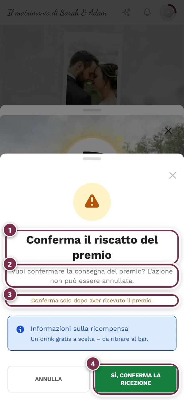 Finestra di avviso «Conferma il riscatto del premio» con quattro evidenziazioni