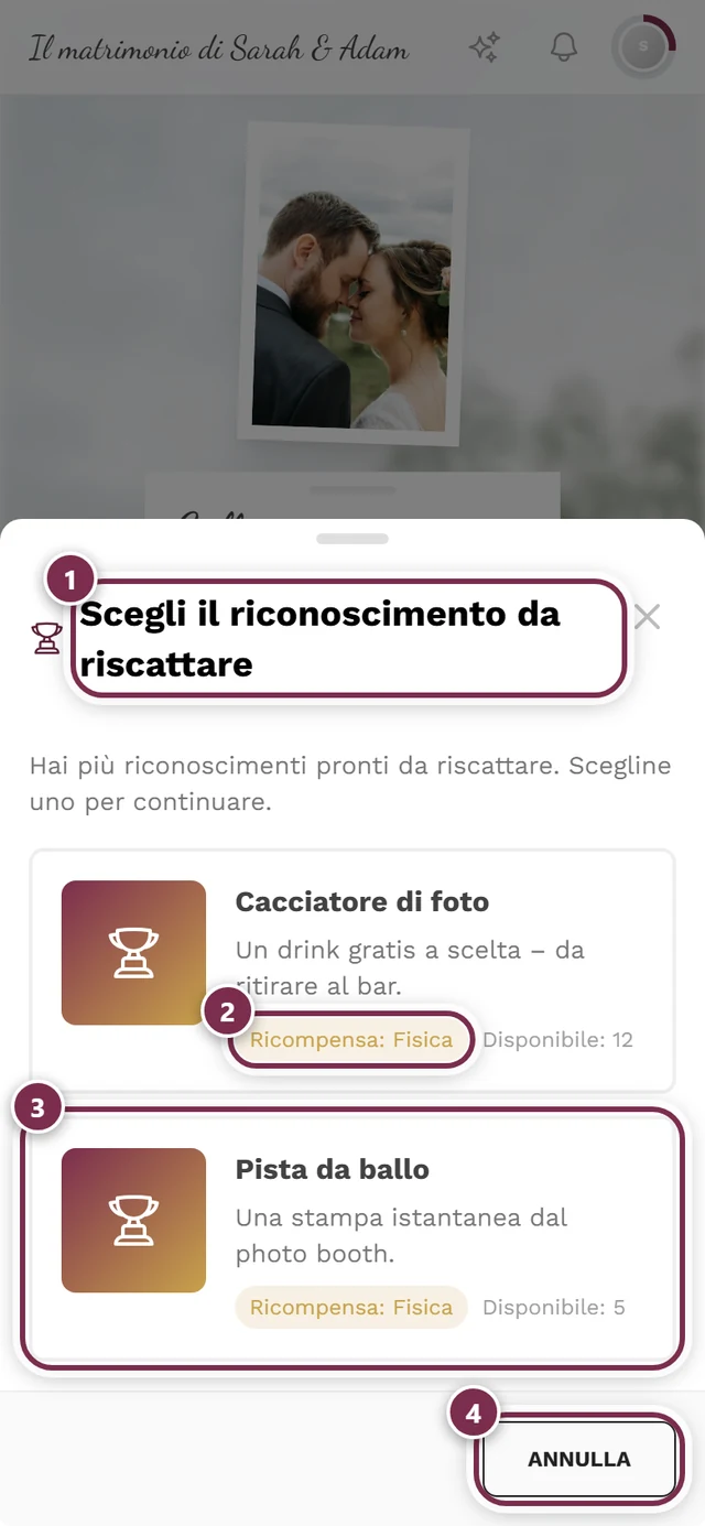 Finestra di scelta con due schede di ricompensa e quattro evidenziazioni