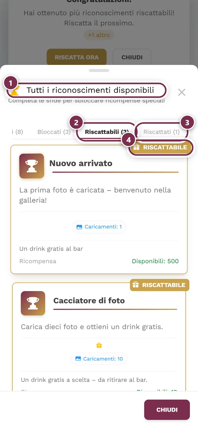 Finestra dei riconoscimenti con le schede Tutti, Sbloccati, Bloccati, Riscattabili e Riscattati