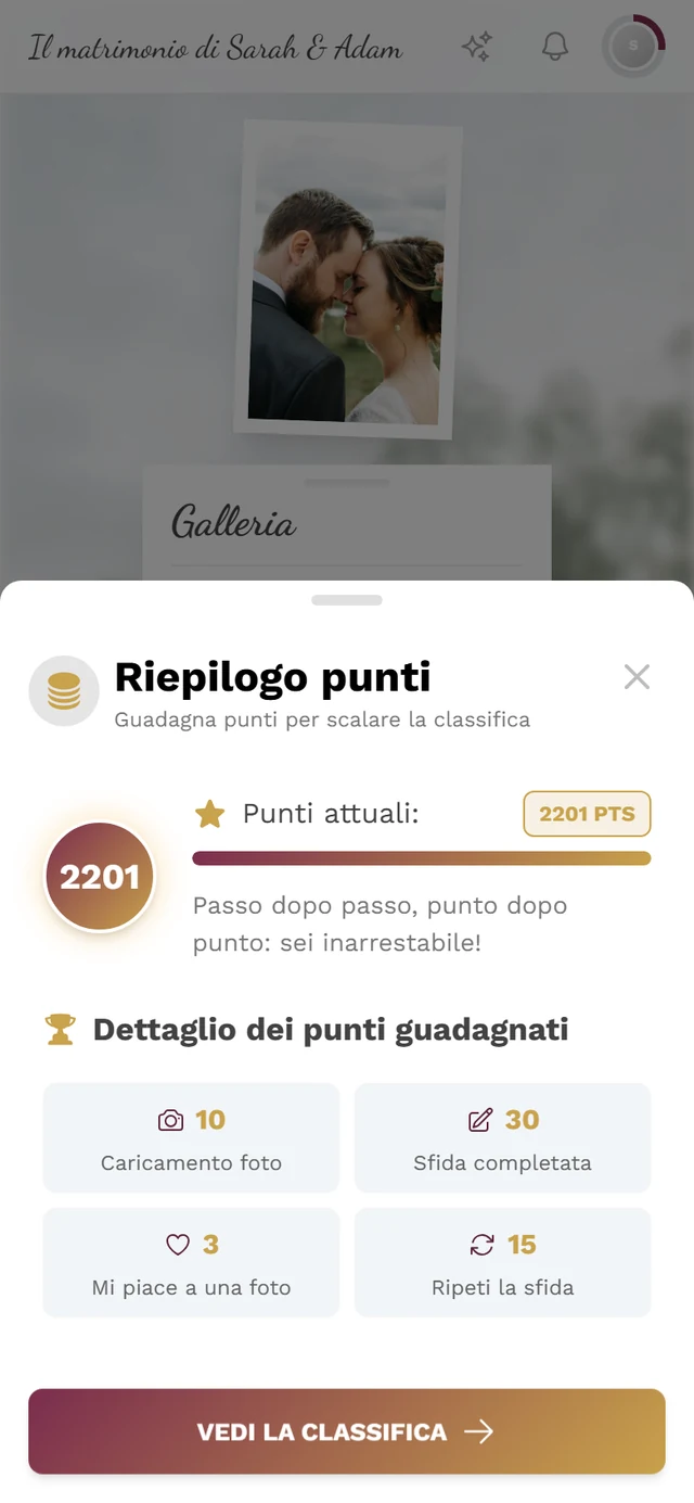 Finestra Riepilogo punti con il cerchio dei punti e i quattro riquadri del dettaglio dei punti guadagnati