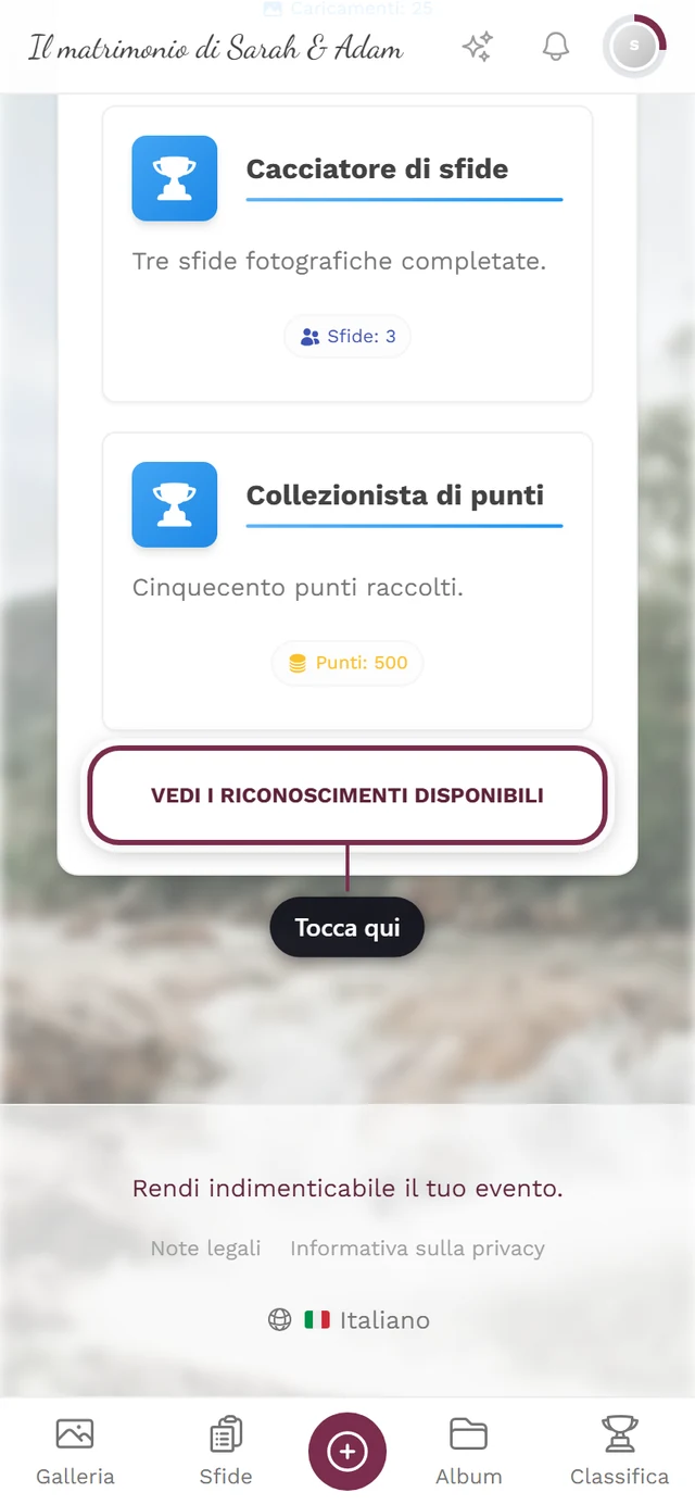 Sezione dei riconoscimenti nel profilo con il pulsante Vedi i riconoscimenti disponibili evidenziato in rosso