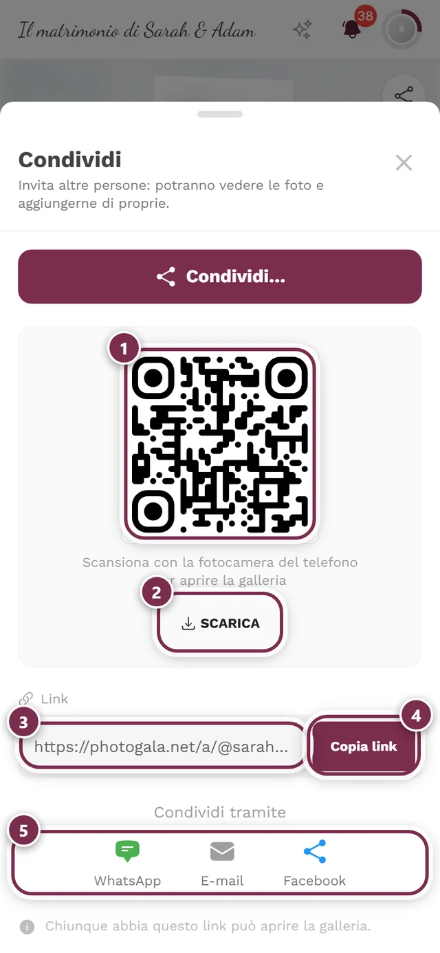 Finestra di condivisione con codice QR, pulsante Scarica, campo del link, Copia link e i pulsanti diretti