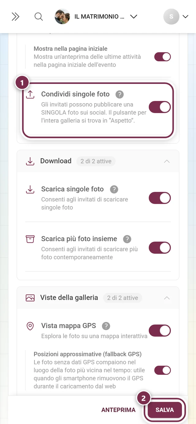 Scheda Funzioni della galleria con l'interruttore Condividi singole foto evidenziato