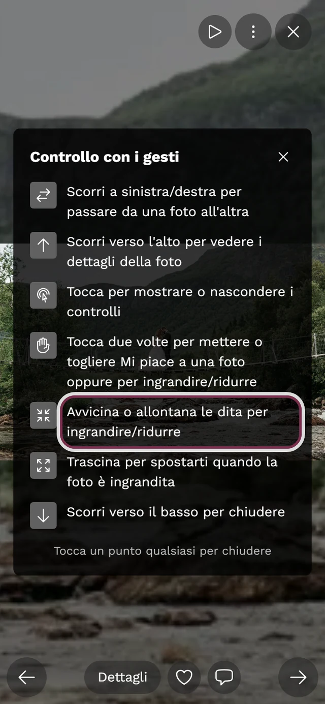 Controllo con i gesti mostrato a schermo intero, la riga del pizzico è evidenziata