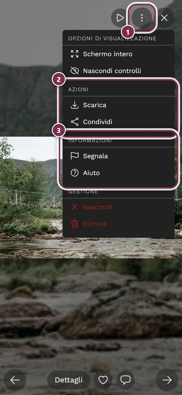 Menu a tre puntini aperto a schermo intero con le sezioni Azioni e Informazioni