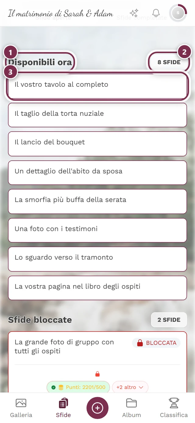 Sezione Disponibili ora con tre evidenziazioni: titolo, contatore, prima scheda della sfida