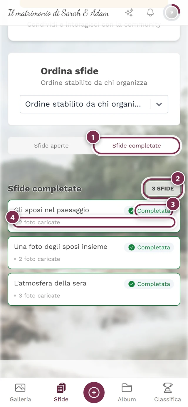 Scheda Sfide completate con quattro evidenziazioni: scheda attiva, contatore, spunta verde, numero delle proprie foto