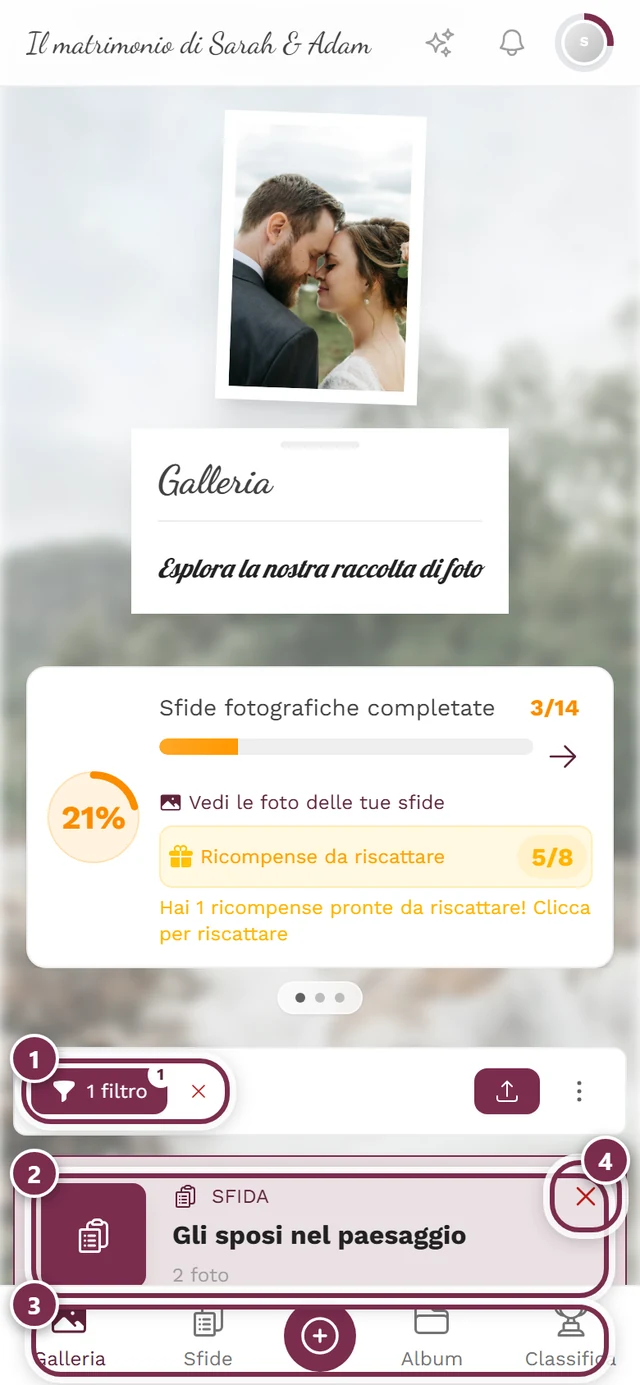 Galleria filtrata su una sfida con quattro evidenziazioni: chip del filtro, intestazione della sfida, pulsante Completa la sfida, X per rimuovere