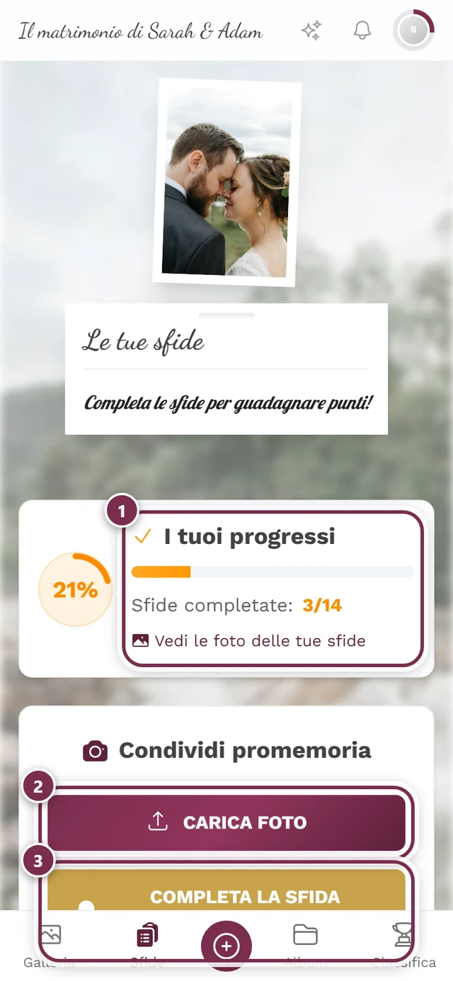 Pagina delle sfide con tre segni: avanzamento, Carica foto, Completa la sfida fotografica
