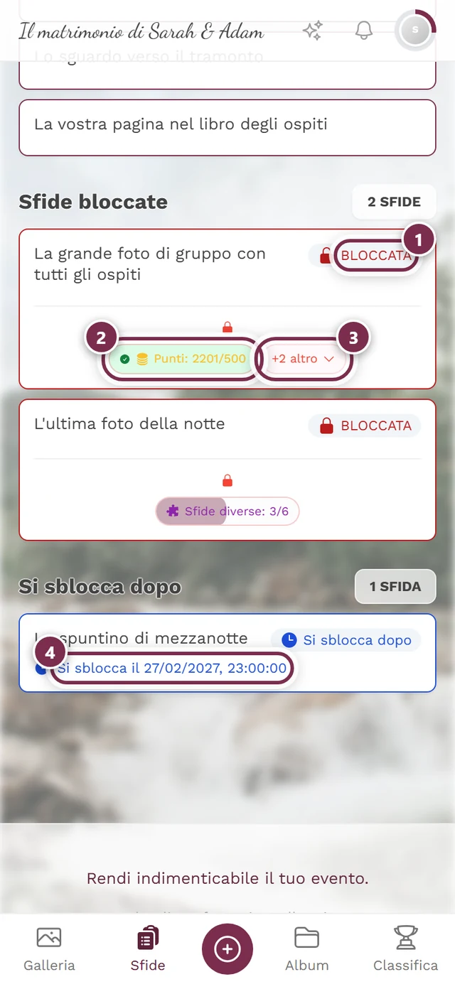 Sfide bloccate con quattro evidenziazioni: riga Requisiti per sbloccarla, chip della condizione, chip con altre condizioni, riga della data