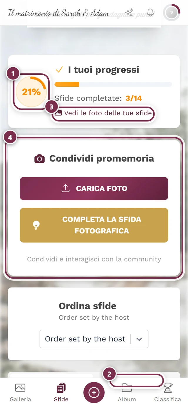 Parte superiore della pagina delle sfide con quattro evidenziazioni: anello di avanzamento, riga Sfide completate, link, scheda Condividi promemoria