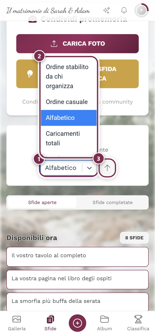 Campo di ordinamento aperto con quattro evidenziazioni: campo di selezione, elenco delle opzioni, freccia della direzione, Rimescola