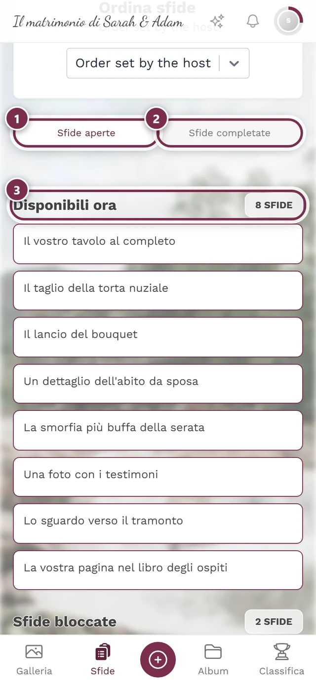 Pagina delle sfide con tre evidenziazioni: scheda Sfide aperte, scheda Sfide completate, intestazione della prima sezione