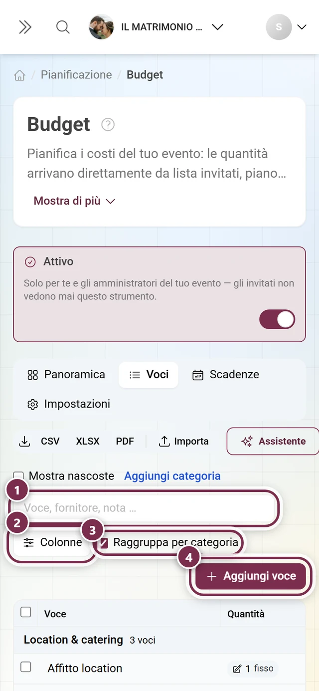 Barra degli strumenti sopra la tabella delle voci con ricerca, colonne, raggruppamento e Aggiungi voce