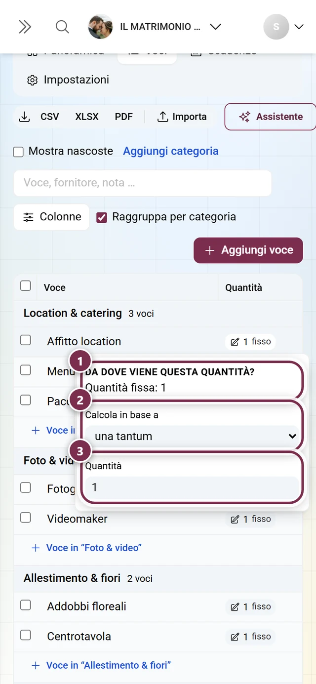 Menu della quantità aperto con spiegazione, scelta del criterio e campo della quantità
