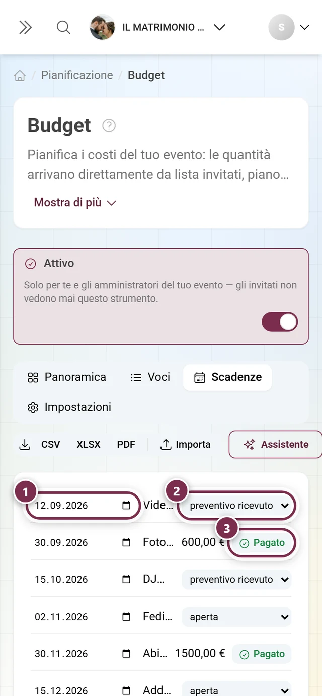 Scadenze con data limite, stato di una prenotazione e il pulsante Pagato per una rata