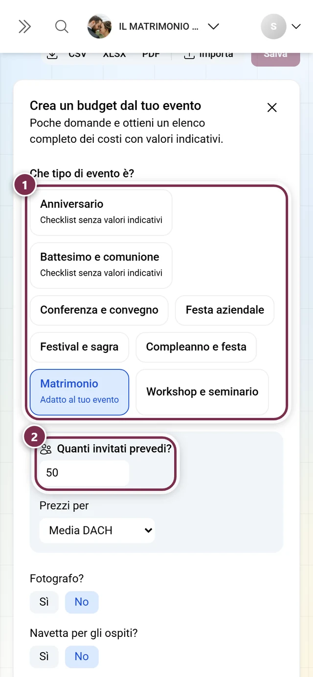 Assistente con i riquadri del tipo di evento e la domanda sul numero di invitati