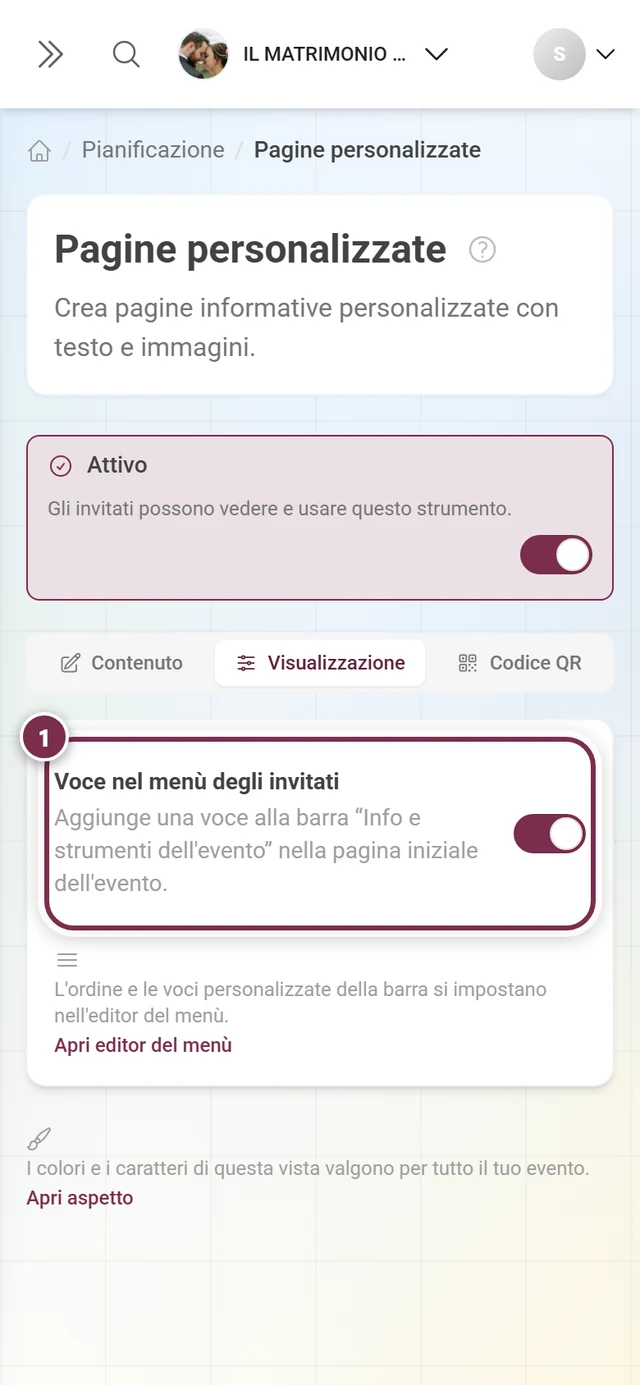Scheda Visualizzazione delle Pagine personalizzate con l'interruttore Voce nel menù degli invitati evidenziato