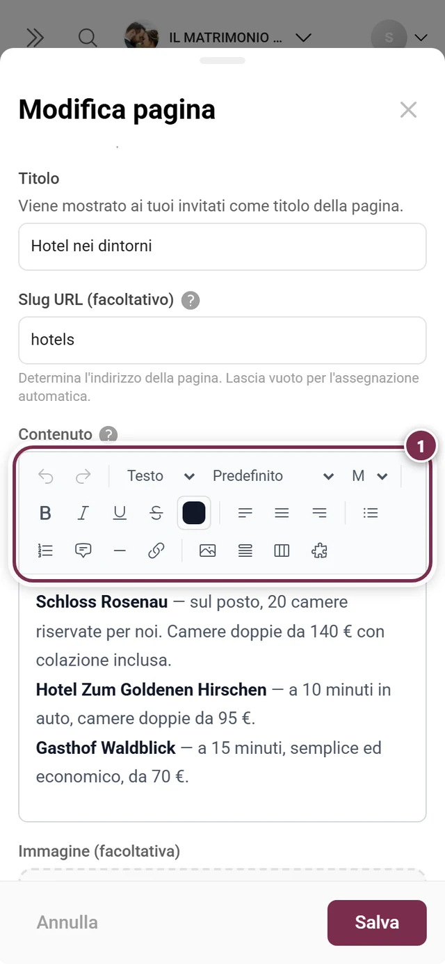 Finestra della pagina con la barra degli strumenti dell'editor di testo formattato evidenziata