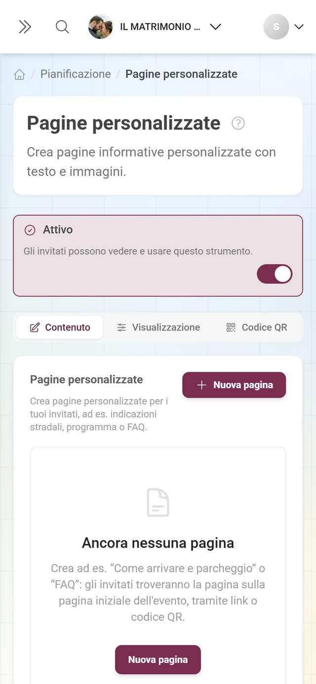 Stato vuoto delle Pagine personalizzate con l'avviso Ancora nessuna pagina e il pulsante Nuova pagina