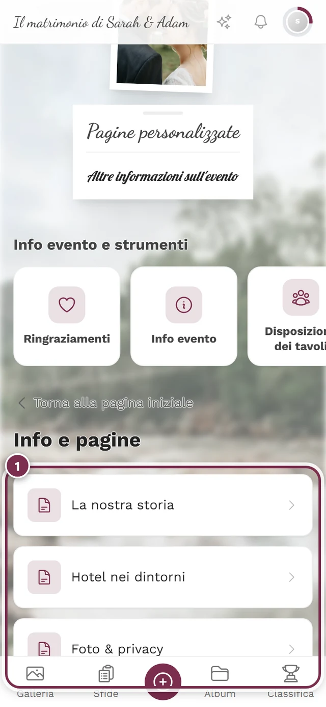 Pagina riepilogativa Info e pagine nella vista degli invitati con tre voci