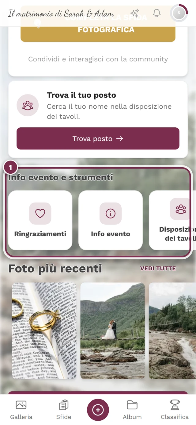 Barra Info evento e strumenti nella pagina iniziale degli invitati con il riquadro di una pagina personalizzata evidenziato