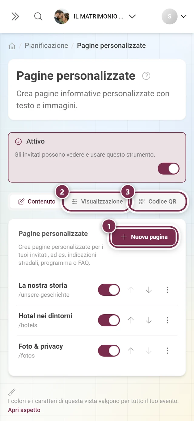 Intestazione delle Pagine personalizzate con il pulsante Nuova pagina e le schede Visualizzazione e Codice QR evidenziati