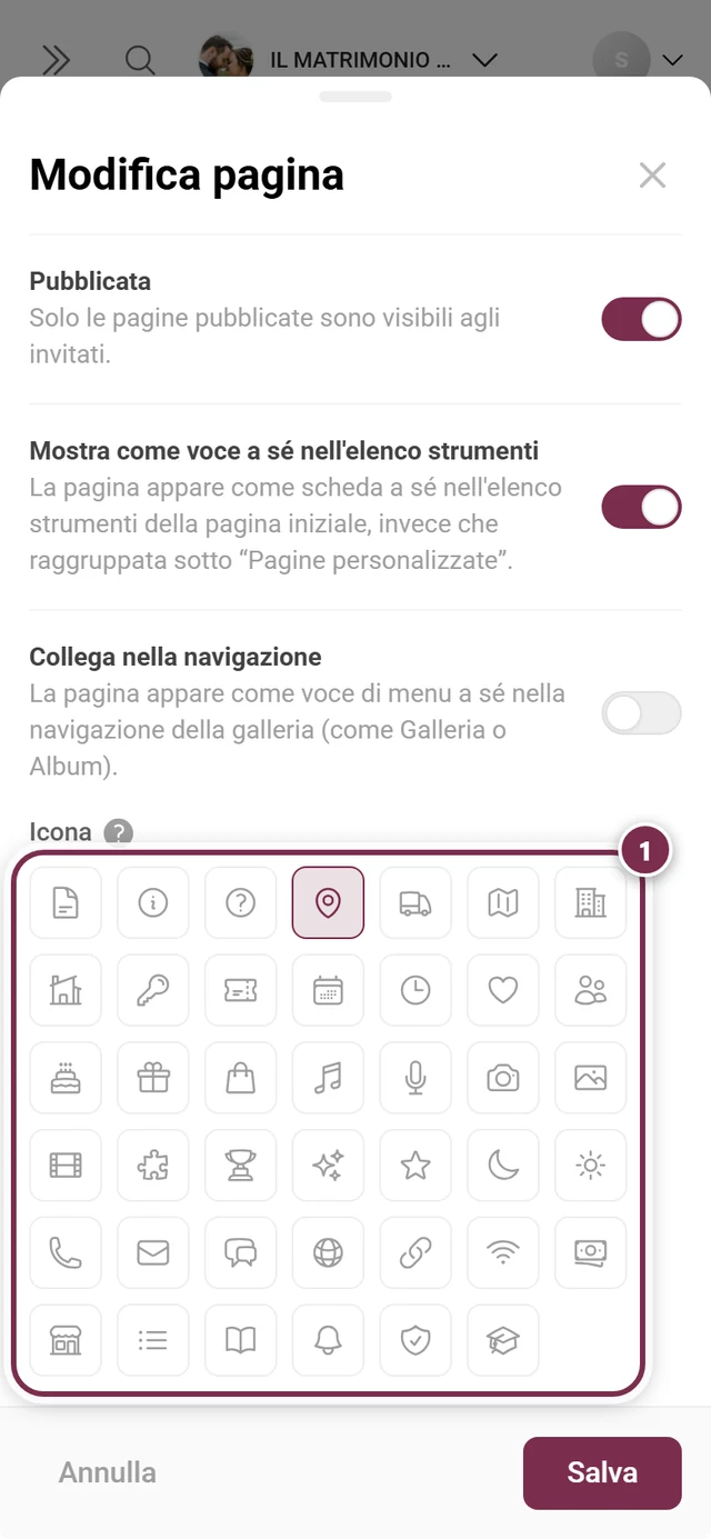 Scelta dell'icona nella finestra della pagina con quarantuno icone, è selezionata l'icona della mappa