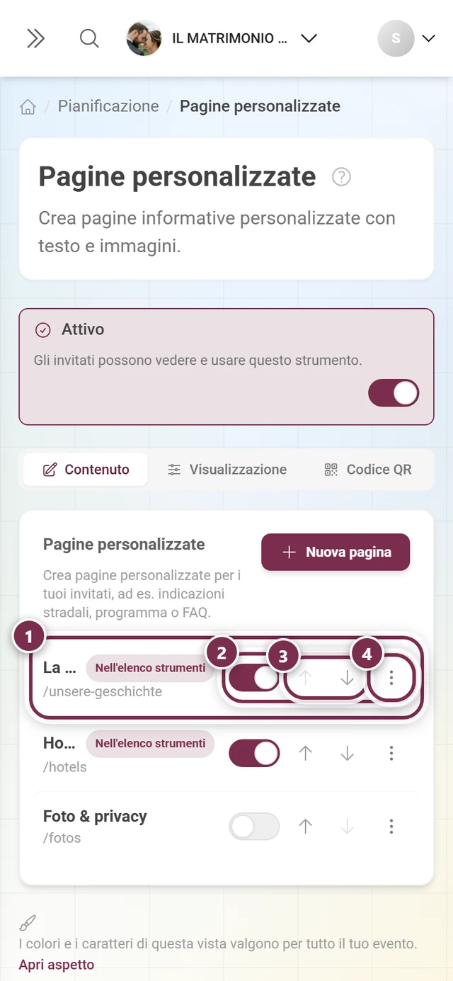 Elenco con tre pagine personalizzate, evidenziati una riga, l'interruttore Pubblicata, le frecce e il menu a tre puntini