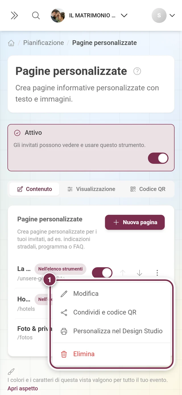 Menu a tre puntini di una pagina aperto con quattro voci