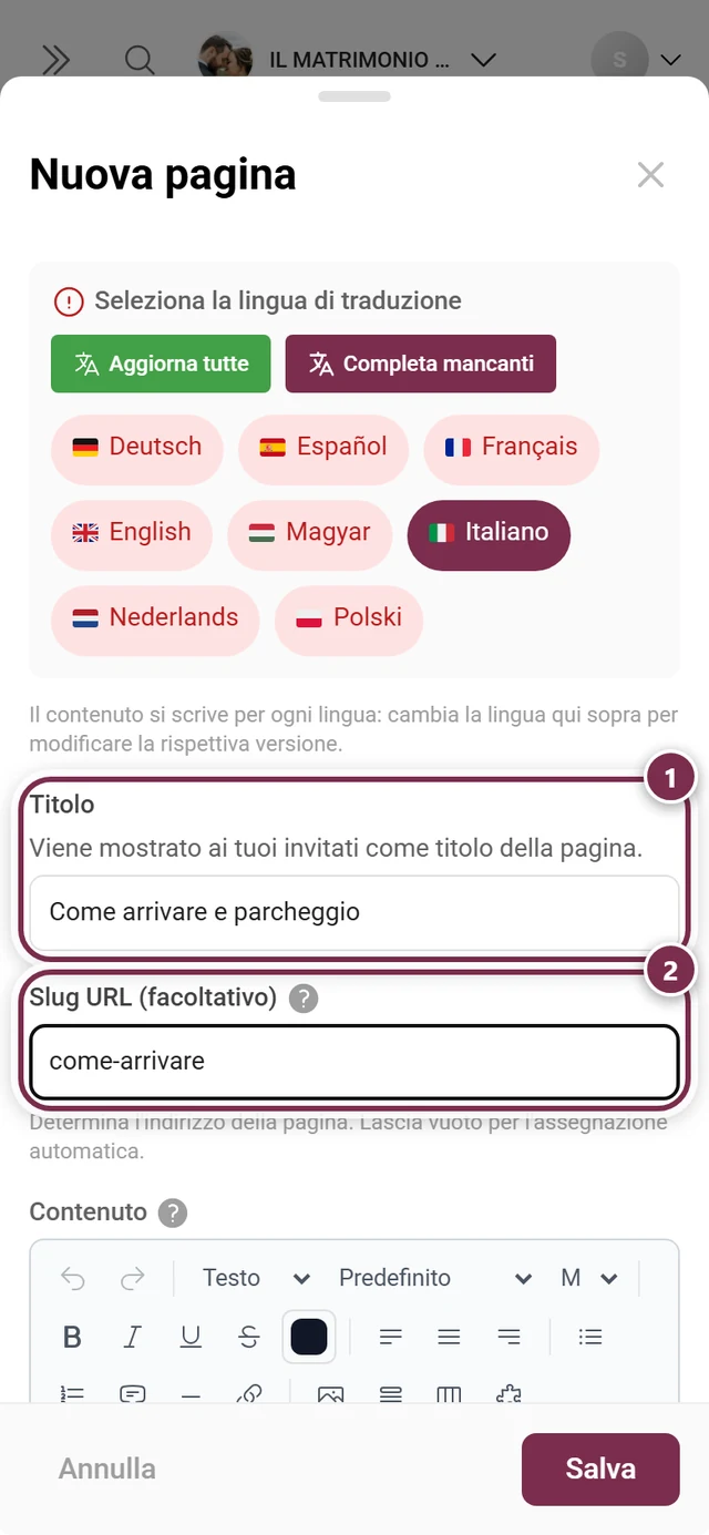 Finestra Nuova pagina con il titolo Come arrivare e parcheggio compilato e lo slug URL anfahrt