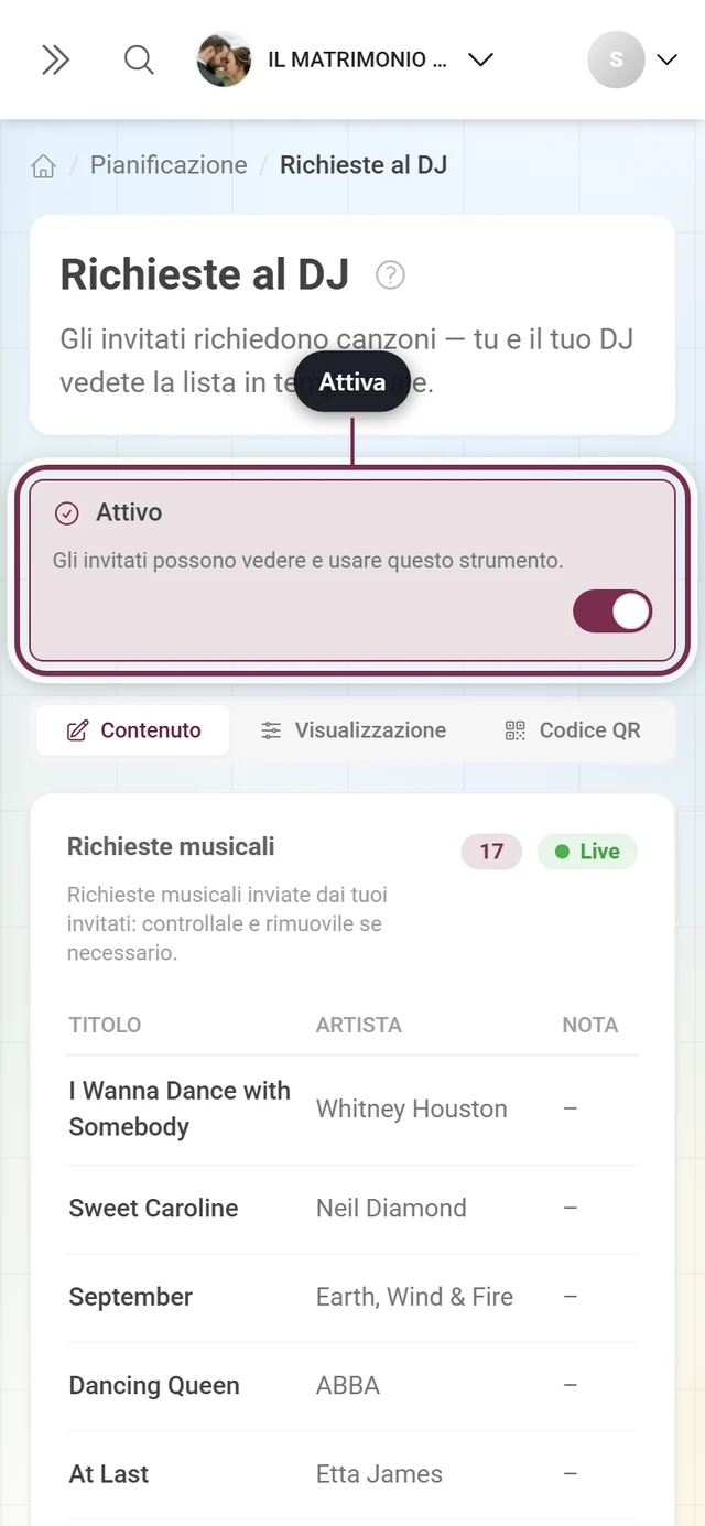 Editor delle richieste al DJ con l'interruttore principale evidenziato