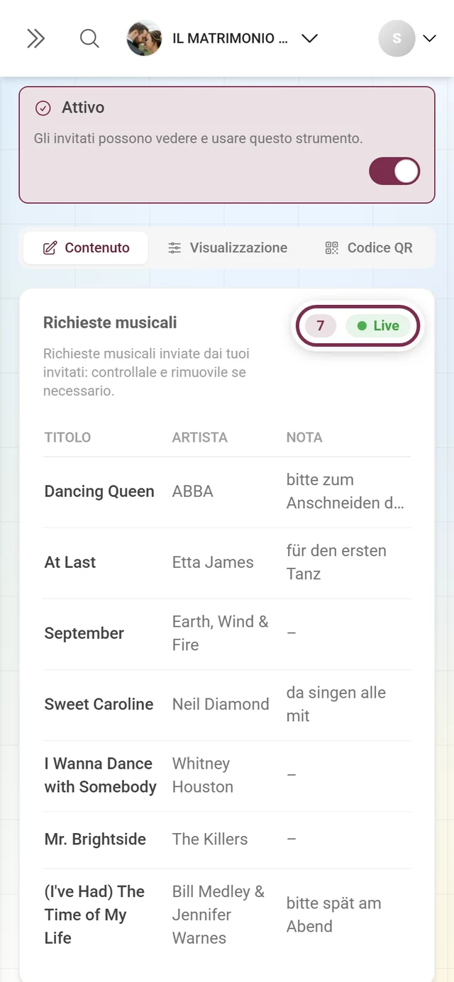 Titolo Richieste musicali con il numero totale e il chip Live evidenziati