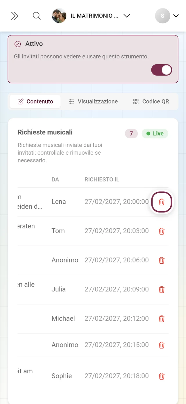 Lista delle richieste con il cestino evidenziato alla fine della prima riga