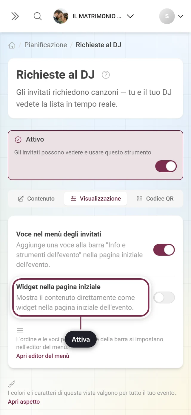 Scheda Visualizzazione delle richieste al DJ con l'interruttore del widget evidenziato