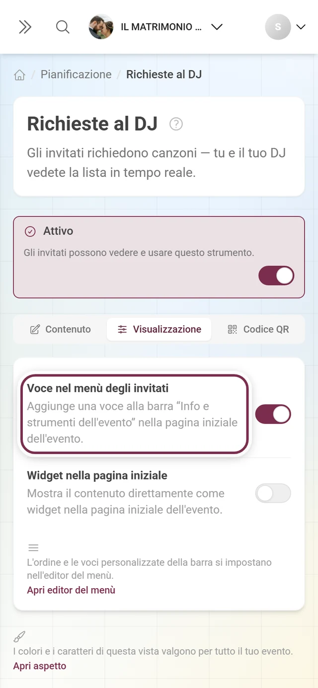 Scheda Visualizzazione delle richieste al DJ con l'interruttore Voce nel menù degli invitati evidenziato