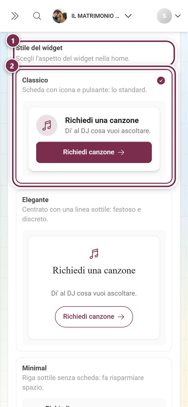 Blocco Stile del widget con il titolo e la scheda Classico evidenziati