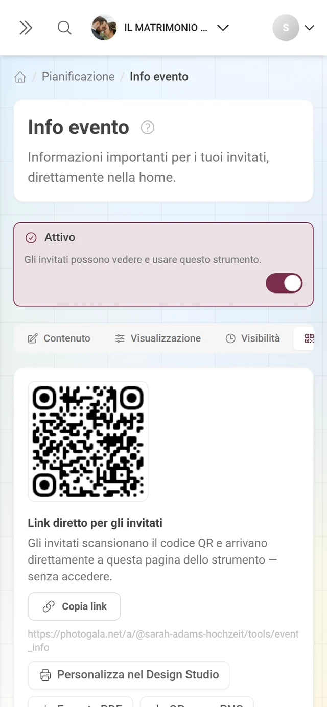 Scheda Codice QR di uno strumento con link diretto, immagine QR e pulsanti di esportazione