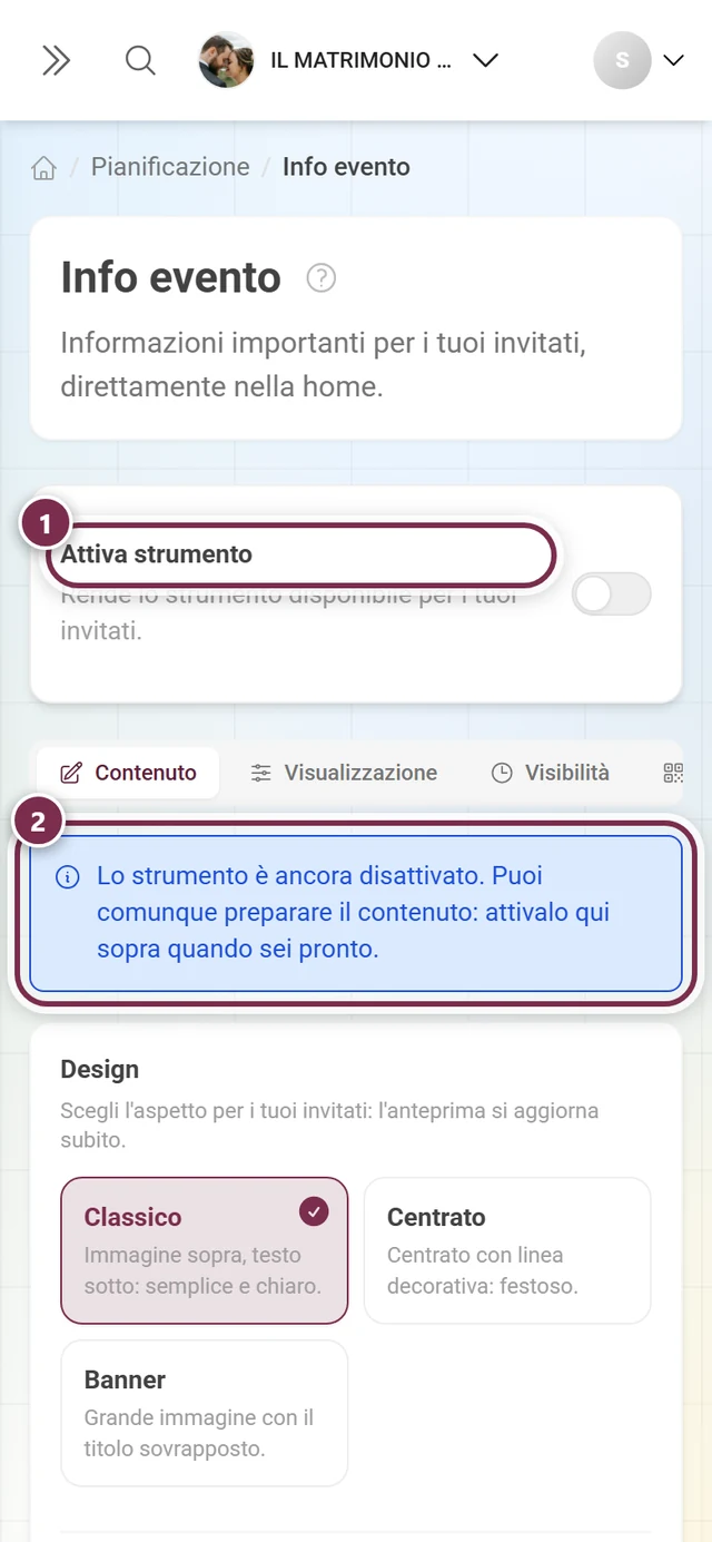 Pagina Info evento con l'interruttore dello strumento spento e un avviso blu sotto