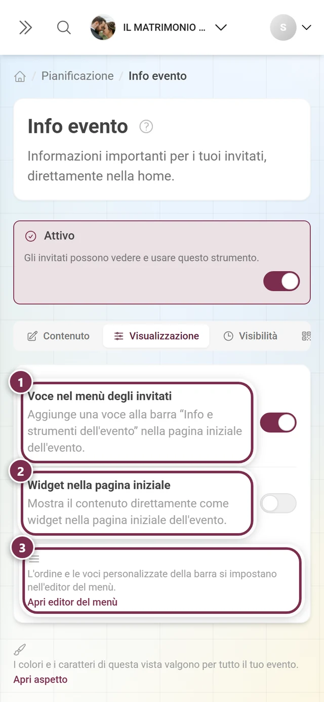 Scheda Visualizzazione con gli interruttori per la voce nel menù degli invitati e il widget della pagina iniziale