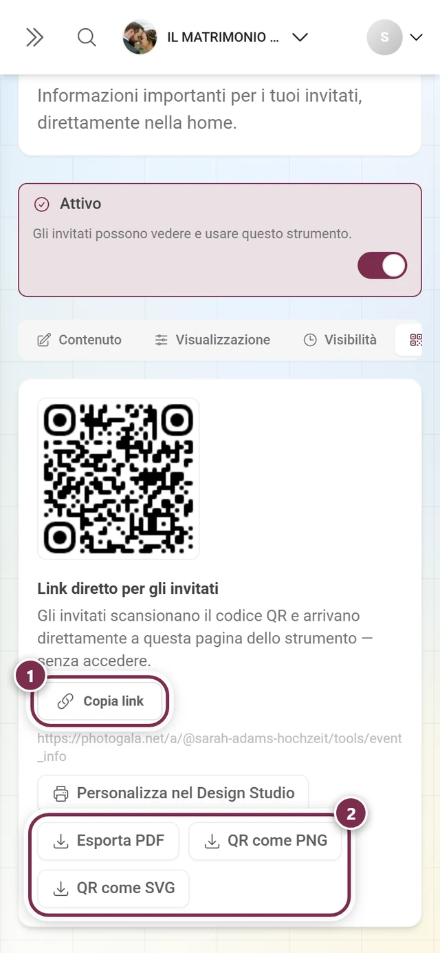 Scheda Codice QR con il codice, il pulsante Copia link e i pulsanti di esportazione