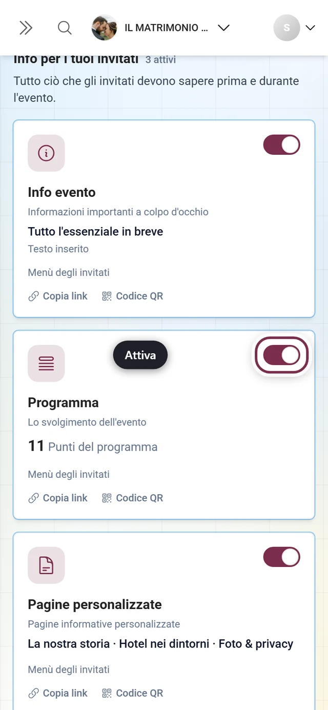Griglia dei riquadri degli strumenti con l'interruttore evidenziato sul riquadro Programma